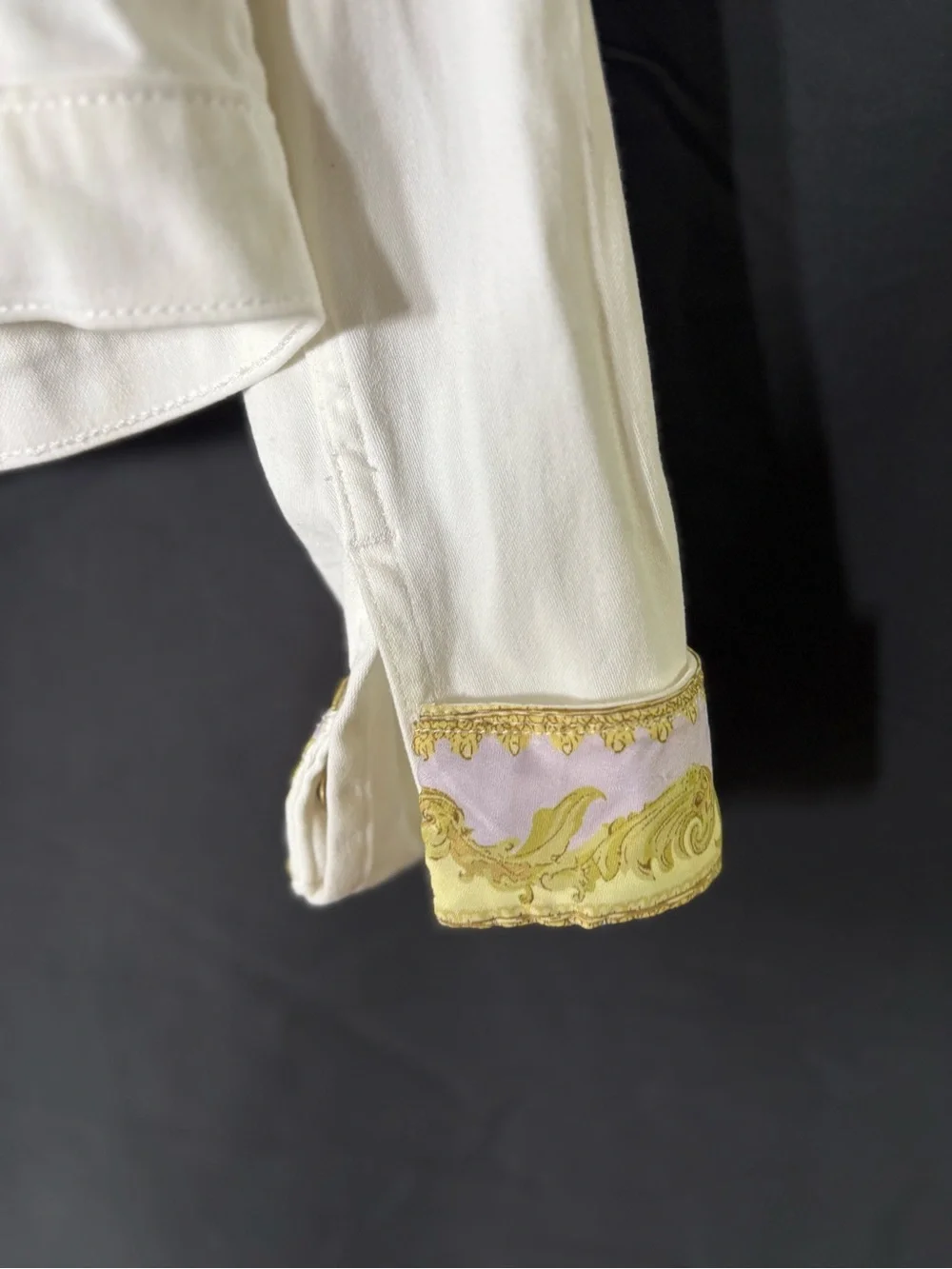 Michael Kors White Denim Jacket with Pastel Pink & Light Blue Embroidered Back